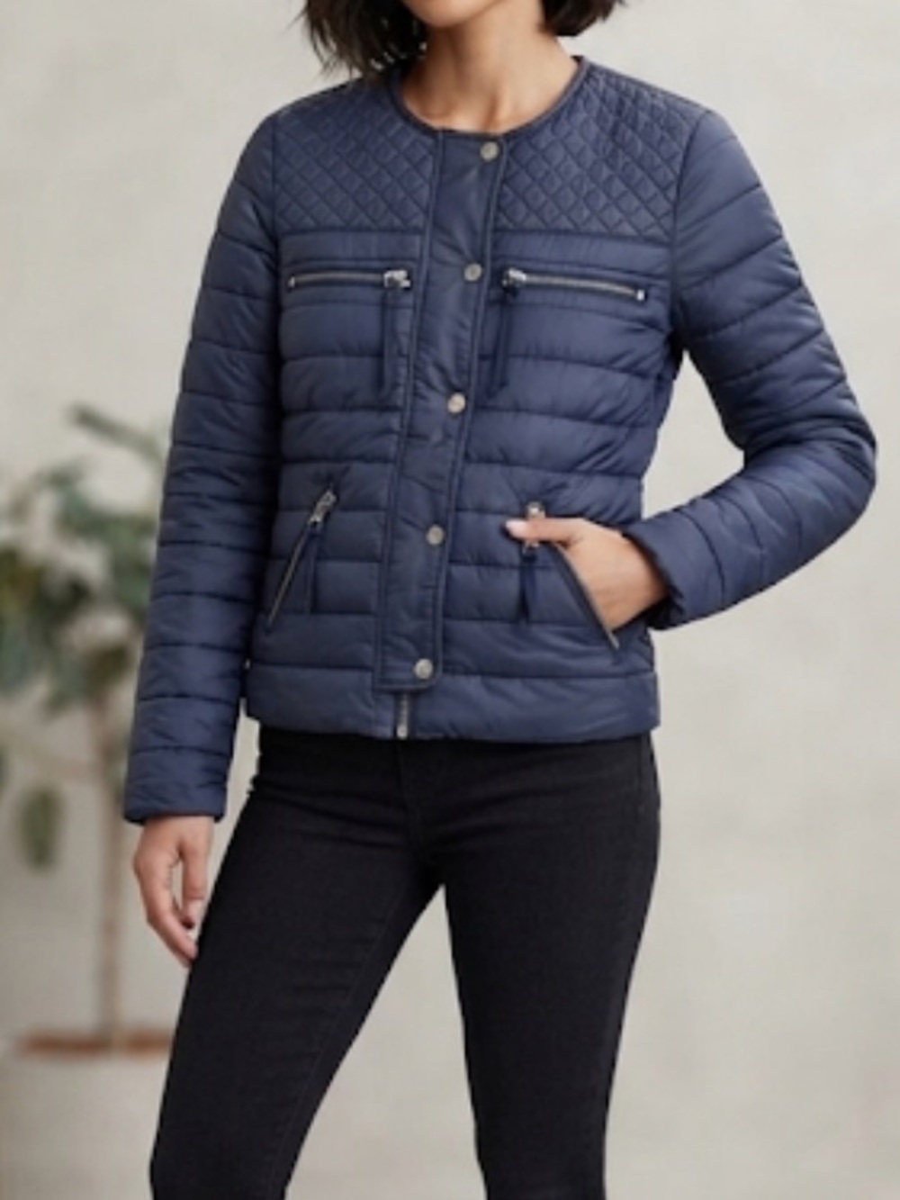 AMERICAN EAGLE Quilted Puffer Moto Bomber Jacket Navy Blue XXS